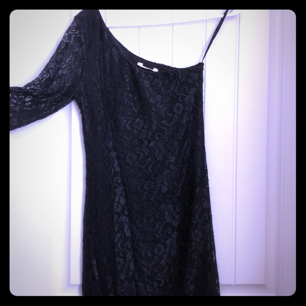 Lace One Shoulder Short Black Dress